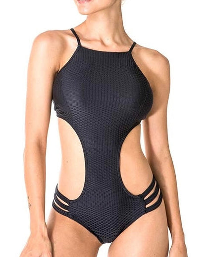 Black knit swimsuit with cut-out design on a white background